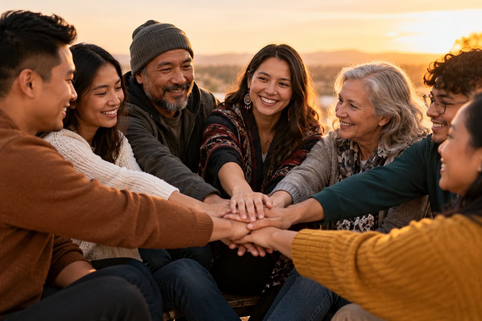 A diverse group of people joining hands together at sunset
